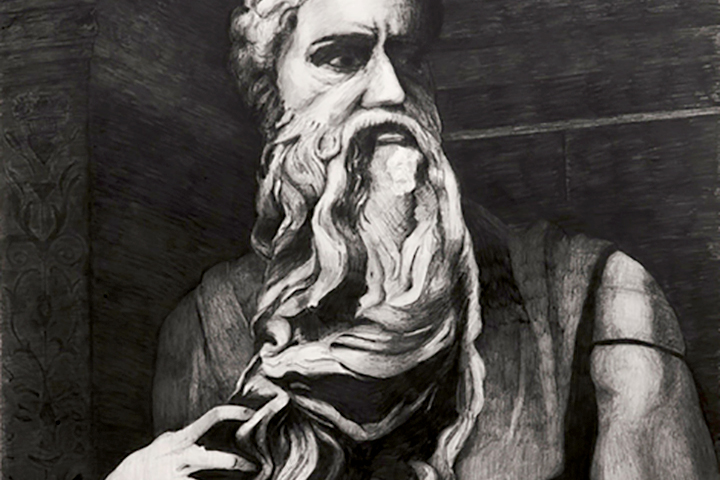 graphite on paper, black and white drawing of Moses