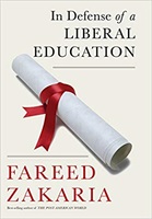 Cover of book by Fareed Zakaria: In Defense of a Liberal Education. Cover is beige with a diploma scroll image on the left with a red ribbon tie.