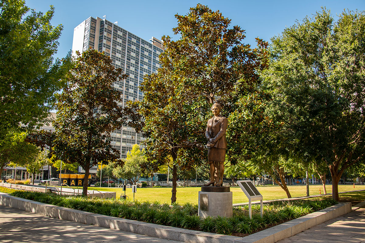 A statue of Adelfa Callejo ’61 located at the Main Street Garden Park in downtown Dallas