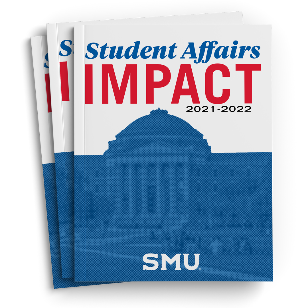 2021-2022 Student Affairs Impact Cover, blue cutout Dallas Hall, red block letters, blue script letters, black numbers, white SMU logo