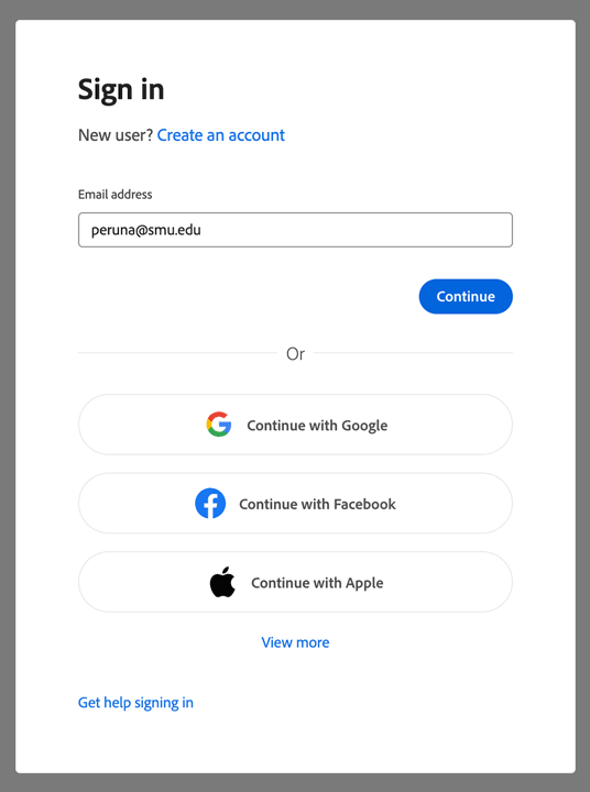 screenshot of the adobe sign in dialogue box
