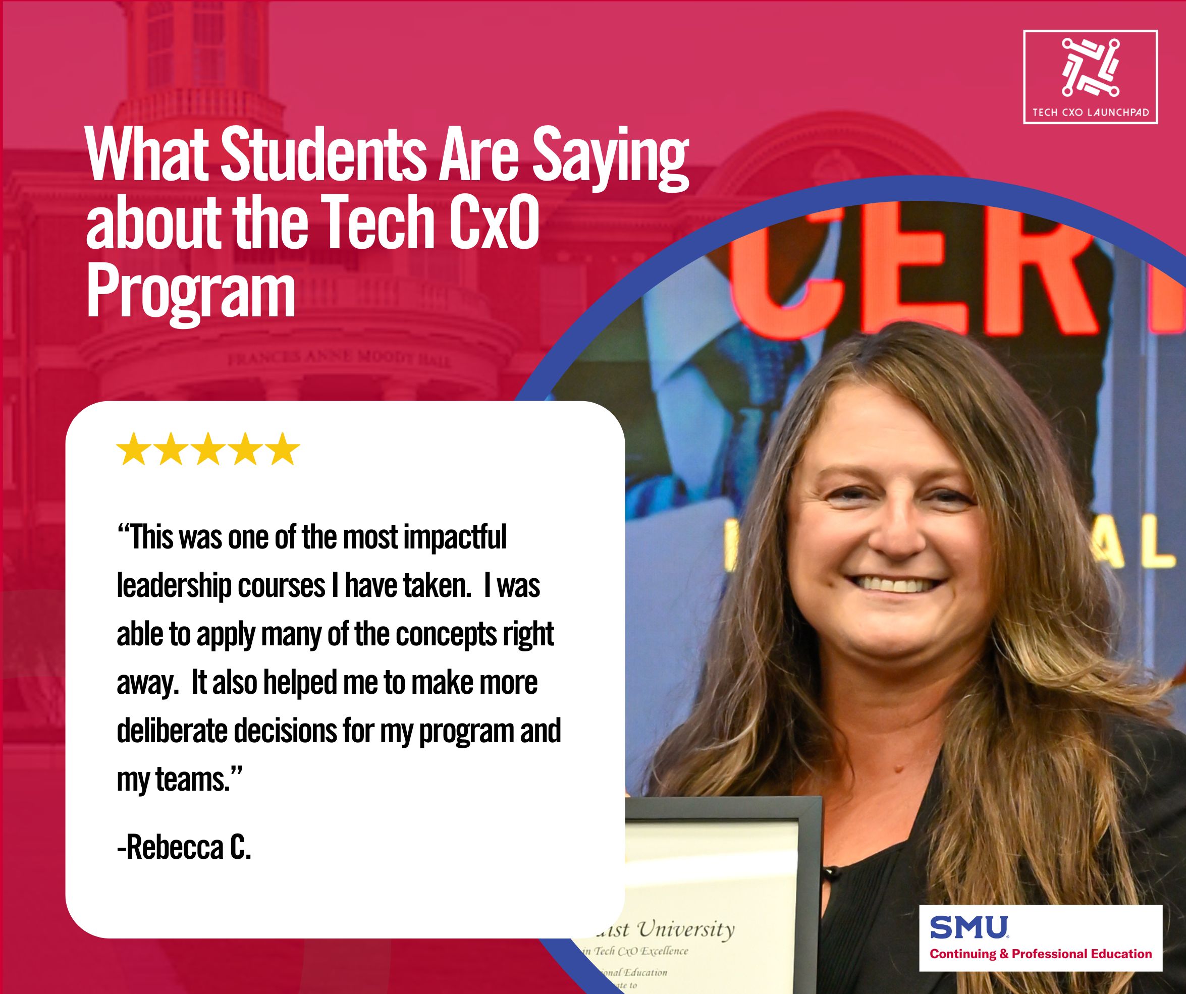 Graphic with quote from SMU Tech CxO student Rebecca C.