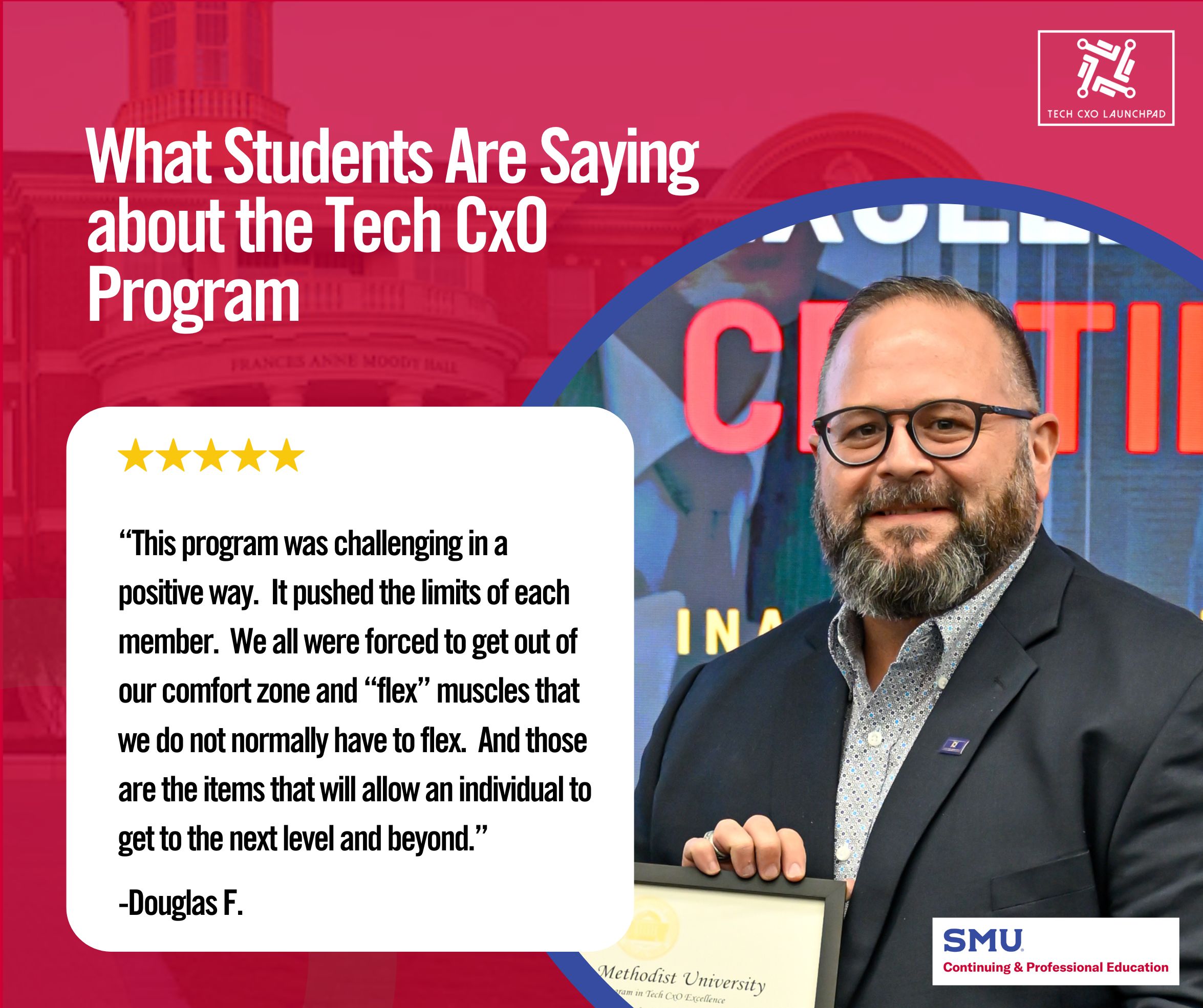 Graphic with quote from SMU Tech CxO student Douglas F.