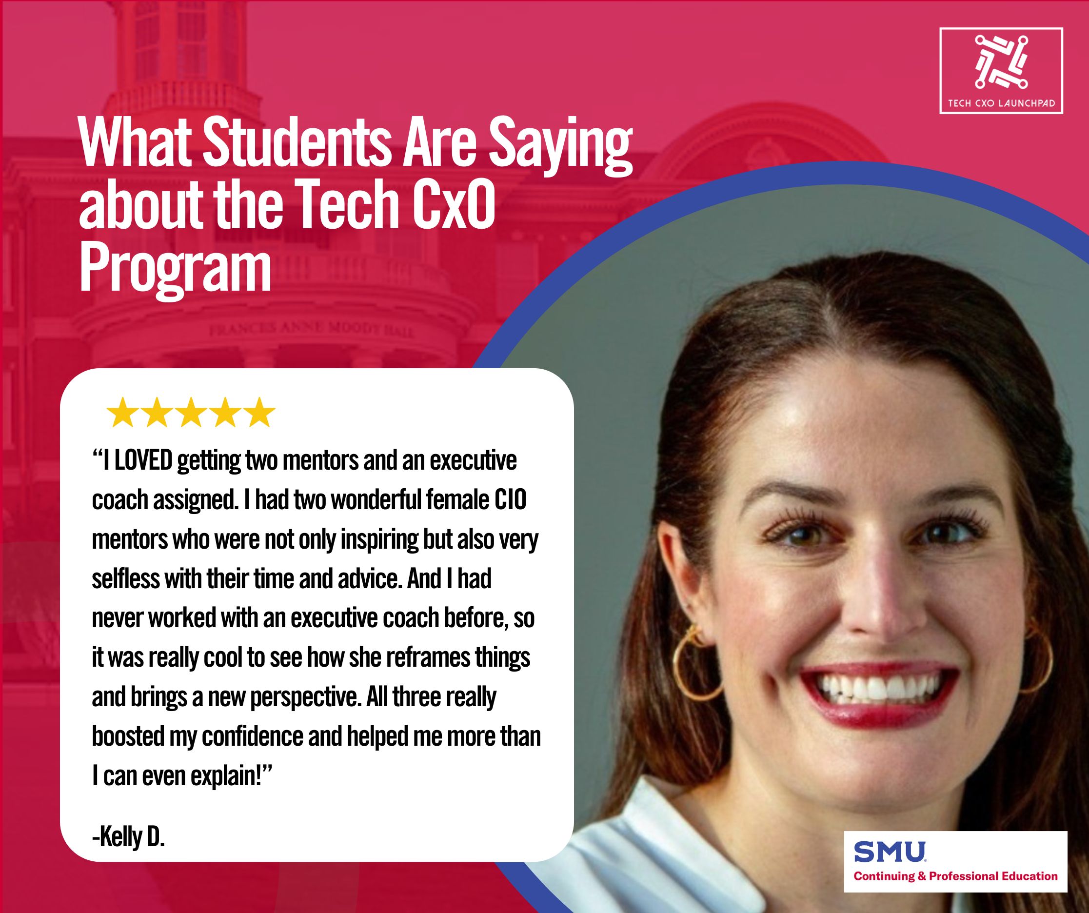Graphic with quote from SMU Tech CxO student Kelly D.