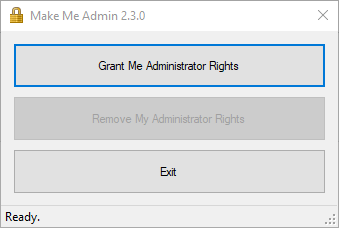 Screenshot showing how to use Make Me Admin application on your computer and click Grant Me Administrator Rights.