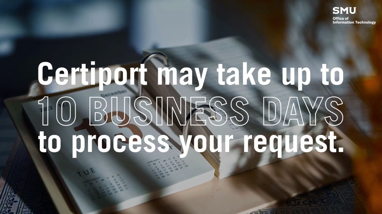 'Certiport may take 10 business days' in white text