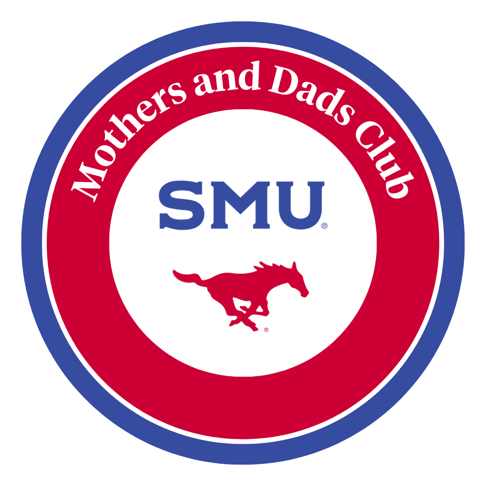 SMU Mothers and Dads Club logo, red circle with blue outer circle, SMU log in blue, red mustang, white letters
