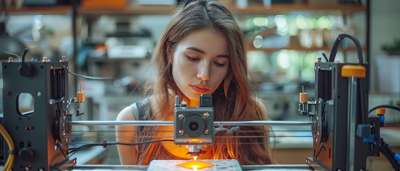 Woman working with 3D printer