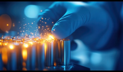 A gloved hand interacting with advanced energy materials