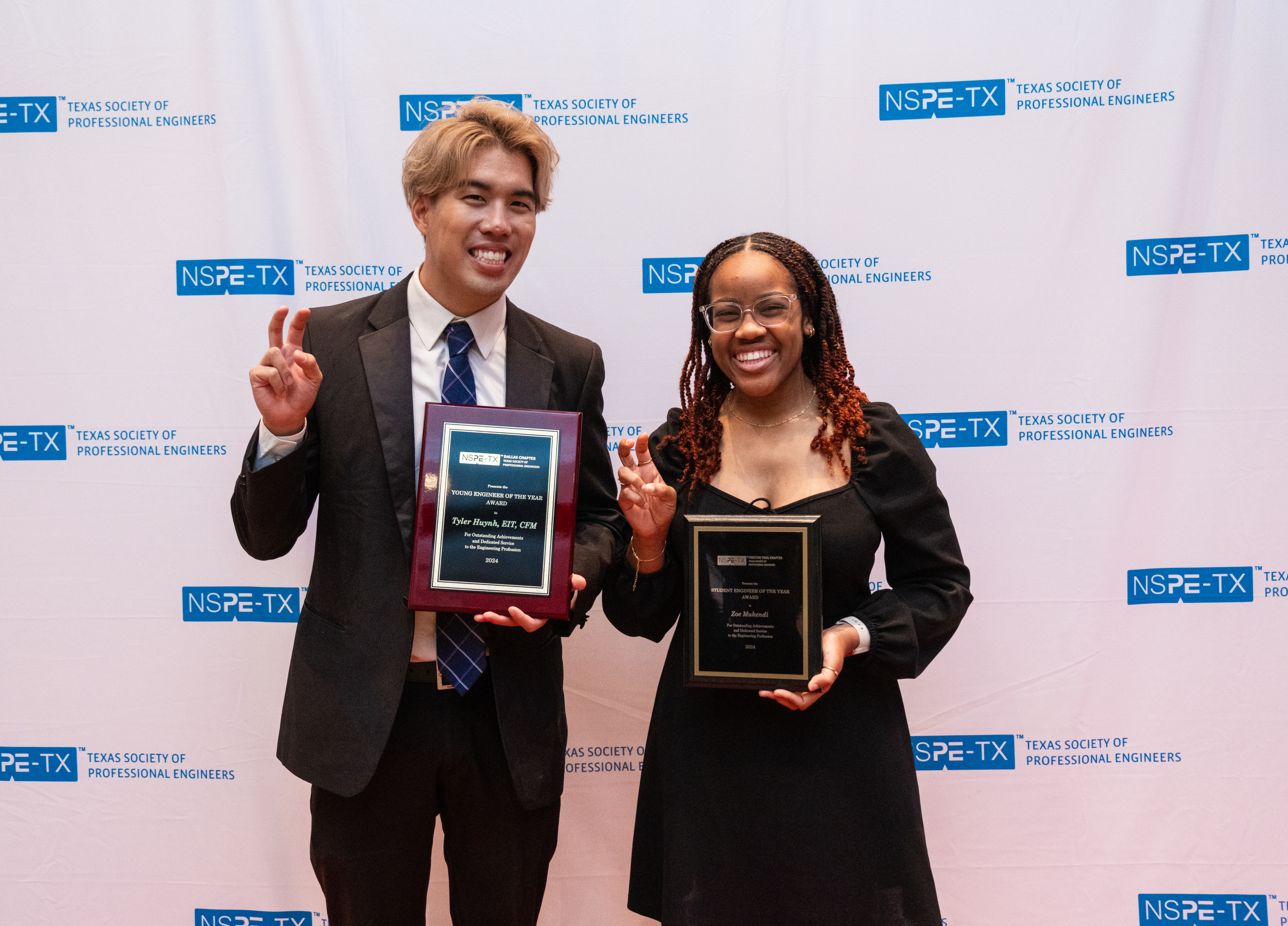 SMU Lyle Alum Tyler Huynh Young Engineer of the Year, and Zoe Mukendi Student Engineer of the Year at the TSPE Awards Luncheon February 21, 2024