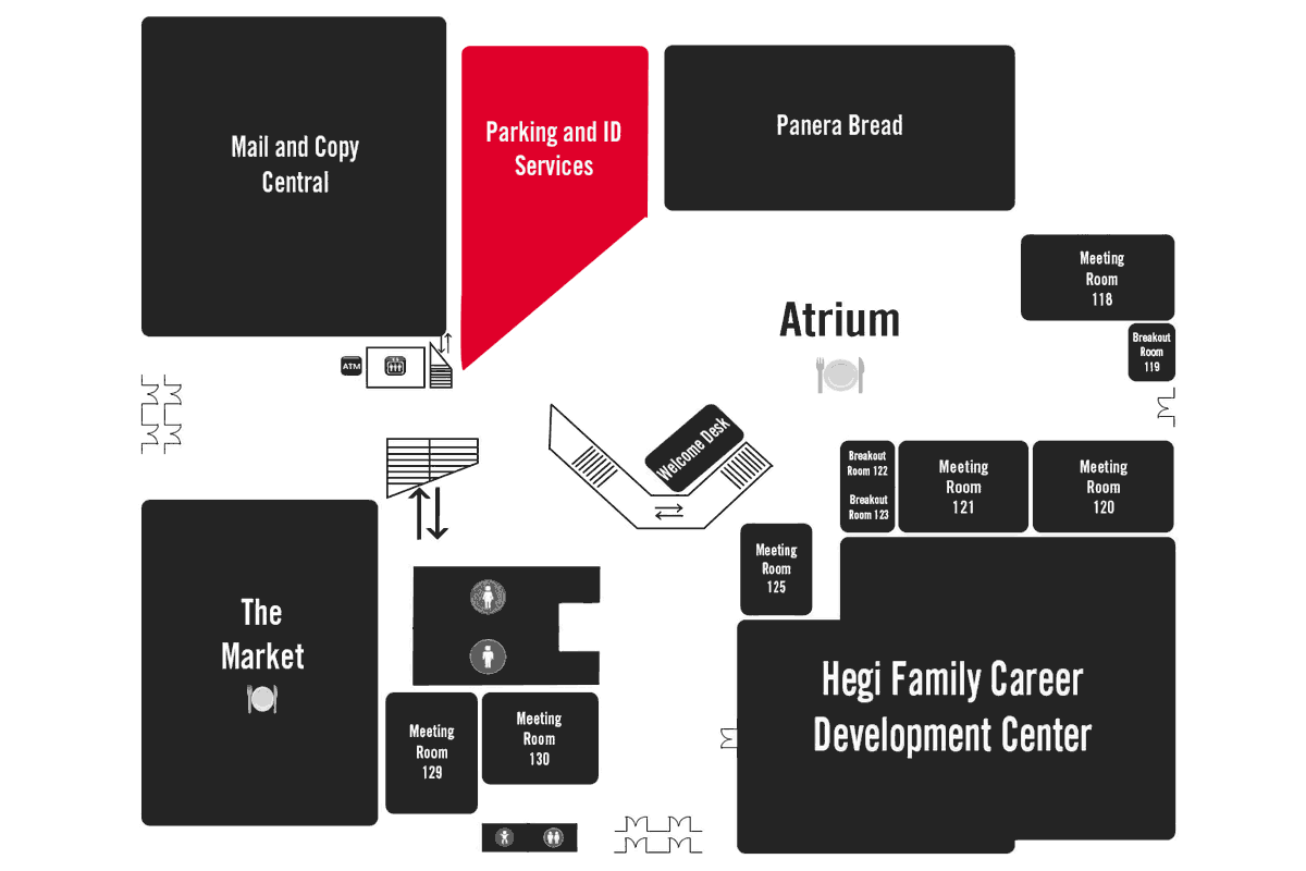 map of the Hughes-Trigg Student Center, highlighting the location of the Parking & ID Services office.