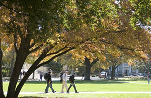 students walking across campus