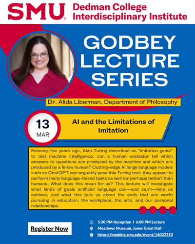 Flier for Alida Libermans's lecture on March 13 titled "AI and the Limitations of Imitation"