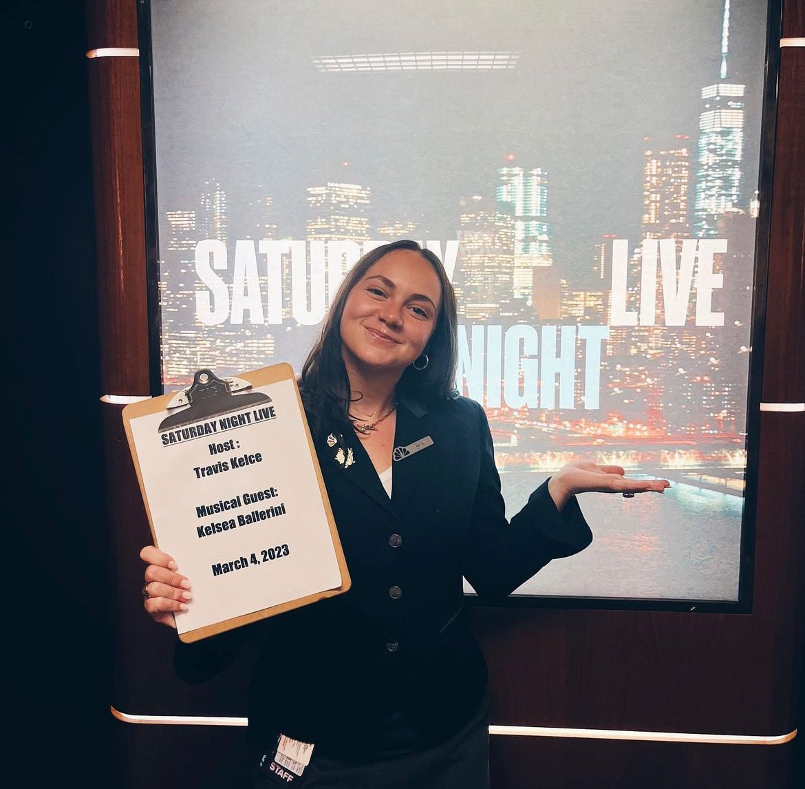 Dance alum Katie Hopsicker poses behind the scenes at Saturday Night Live.