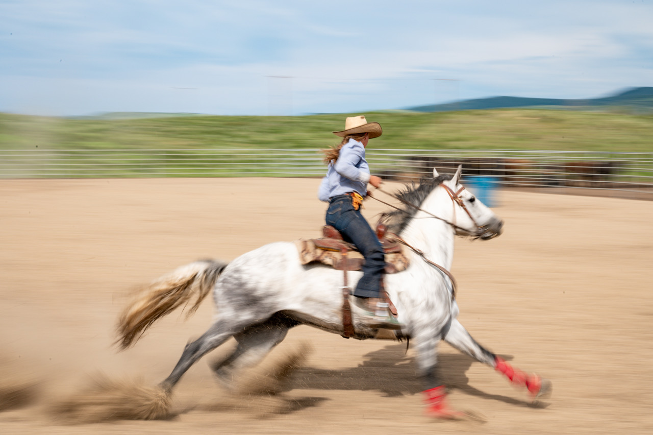 A girl rides a horse around a ring at at Buckethead Ranch