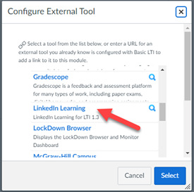 A screenshot of the LinkedIn Learning LTI tool option as an external tool in Canvas.