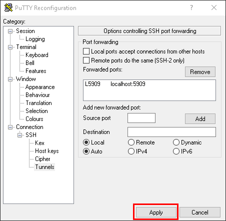 putty tunnel select apply
