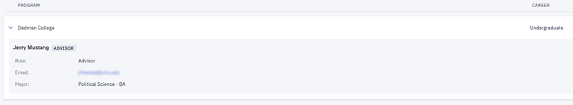 A screenshot of the advisor information page in the Student Dashboard.