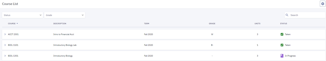 A screenshot of the course list page in the Student Dashboard.