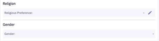 A screenshot of the religious preferences and gender fields in the Student Dashboard.