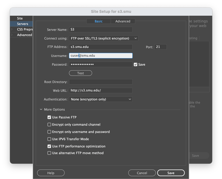 screenshot of the Dreamweaver's settings with the settings listed above inputted. 