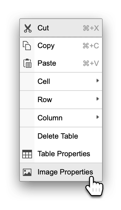 screenshot of XWiki right-click menu with cursor selecting Image Properties