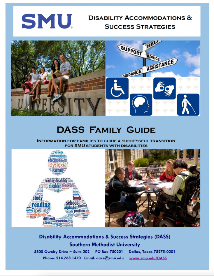 Cover of DASS Family Guide with photos of SMU students on campus and decorative images