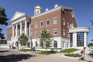 The western entrance to Harold Clark Simmons Hall