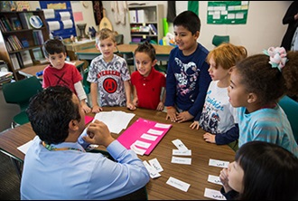 Yound students lisetning to teacher in classwroom