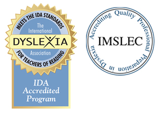 The International Dyslexia Association (IDA) accredited program logo. IMSLEC: Accrediting Quality Professional Preparation in Dyslexia logo.