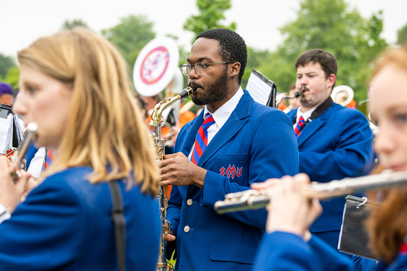 Myles Boateng playing with the Mustang Band