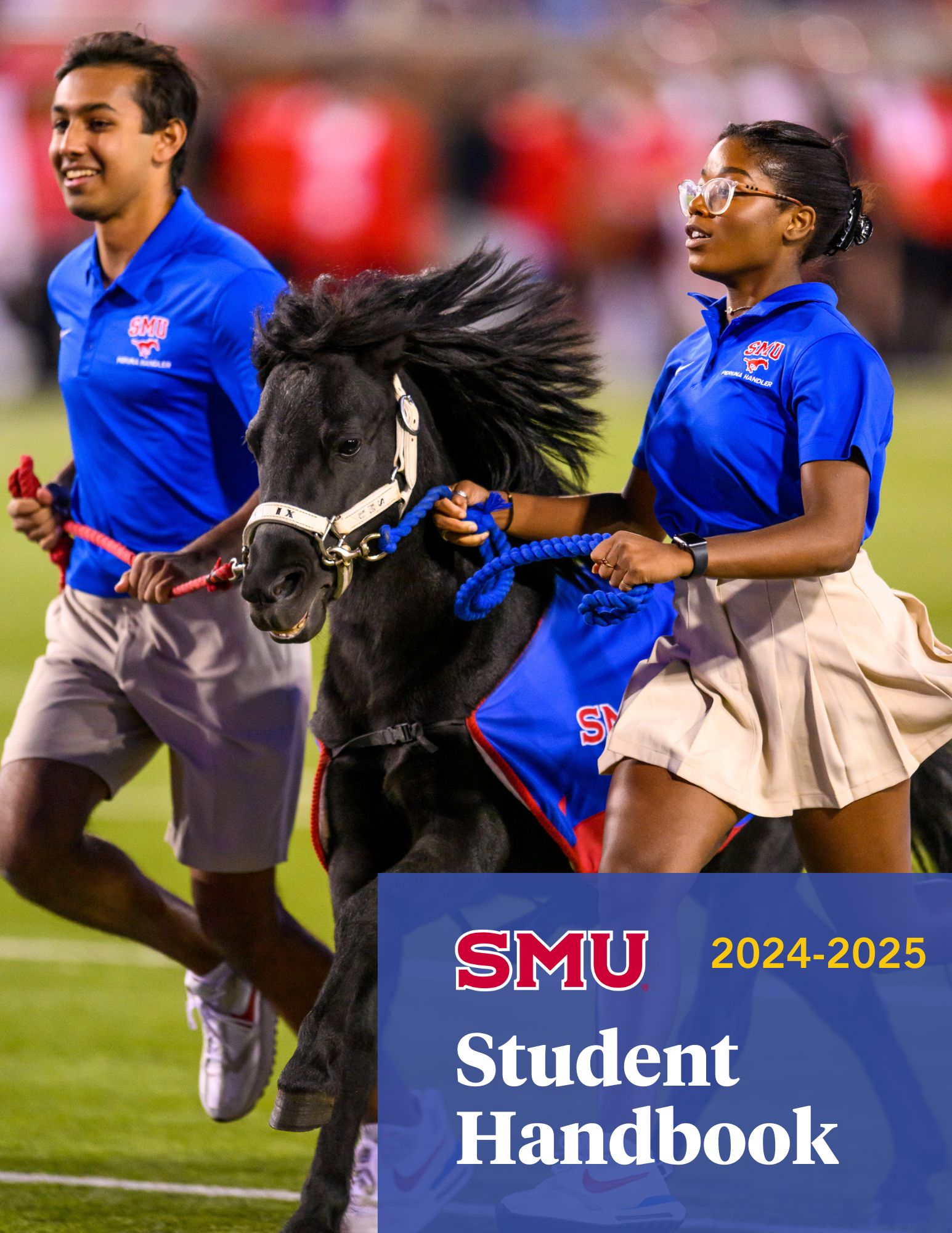 2024-2025 Student Handbook cover, two students running on football field in blue shirts guiding Peruna