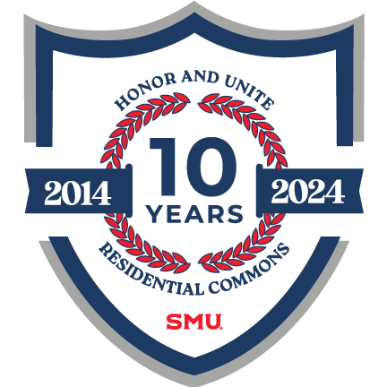 blue crest outline with red laurel wreath in the middle surrounded by blue text that reads "honor and unity, residential commons, 10 years, 2024, 2025" and SMU logo in red