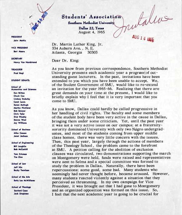 professor letter invitation to Martin of  SMU Jr. King Letter Luther Dr. Invitation